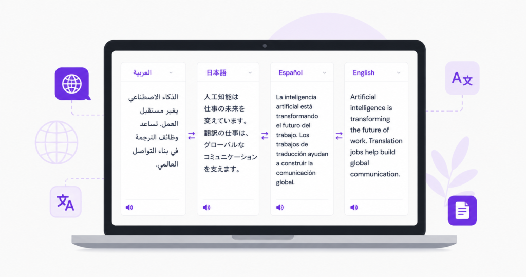 Laptop showing AI translation interface with Arabic, Japanese, Spanish and English text side by side