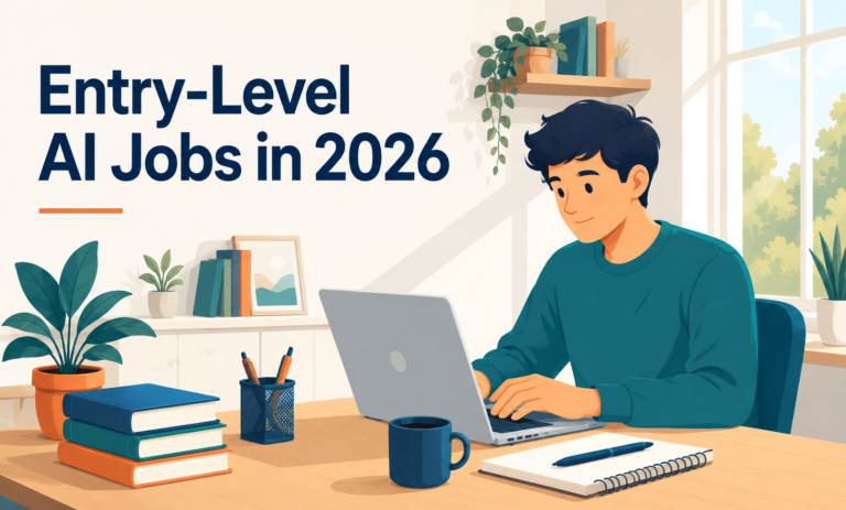 Person working on a laptop at a home desk, representing entry-level AI jobs that require no coding or prior experience