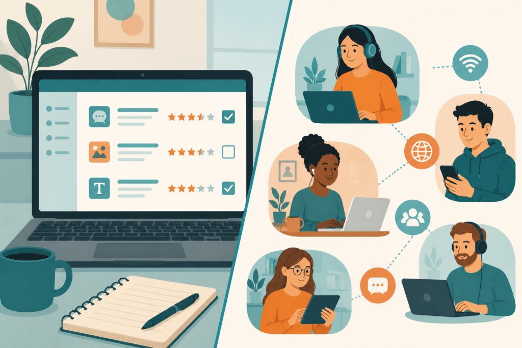 Illustration showing different types of entry-level AI jobs including data annotation, AI response rating, and chatbot evaluation